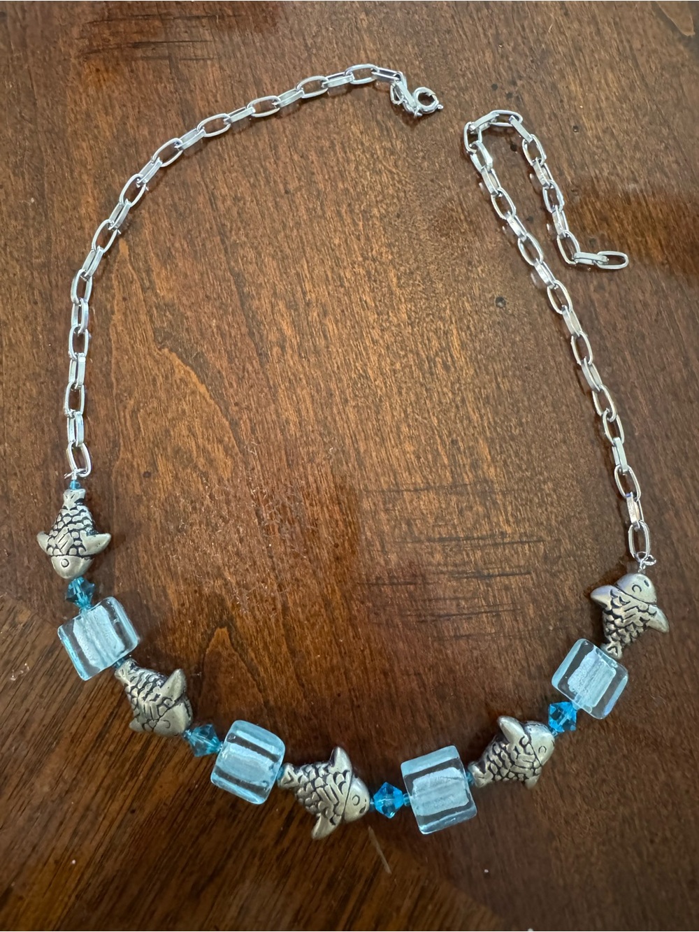 Silver Fish Pendant Necklace with Aqua Blue Beads